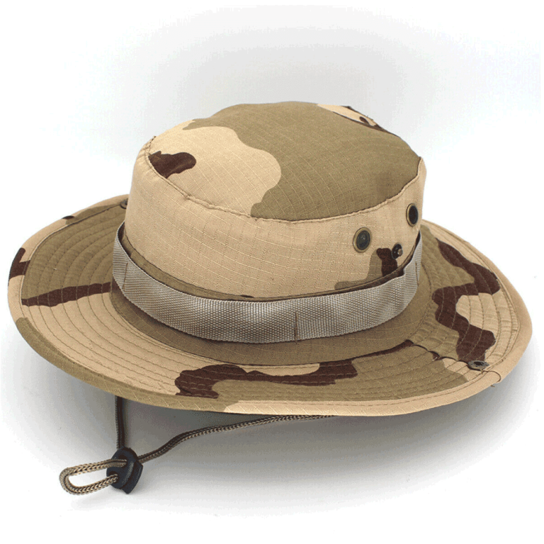 Light khaki camo boonie hat with chin cord and breathable crown; durable ripstop construction